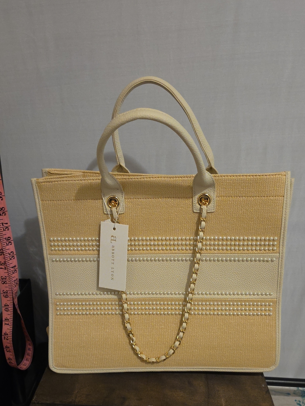 Elegant Two-Tone Beige & Cream Women’s Pearl Accent Tote Abbot Lyon NWT